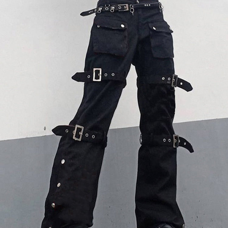 Eyelet Buckle Cyber Punk Goth Baggy Jeans Y2K Woman Techwear Dark Academic Solid E Girl Cargo Pants Denim Gothic Hippie Trousers
