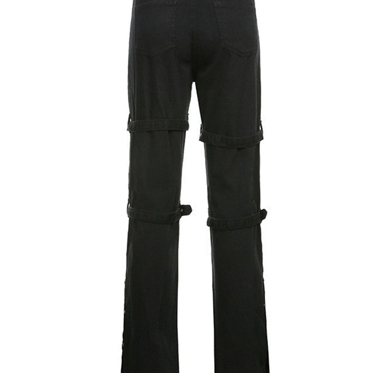 Eyelet Buckle Cyber Punk Goth Baggy Jeans Y2K Woman Techwear Dark Acad –  AMAIO