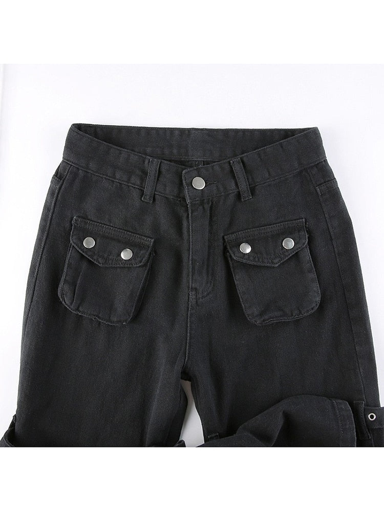 Eyelet Buckle Cyber Punk Goth Baggy Jeans Y2K Woman Techwear Dark Academic Solid E Girl Cargo Pants Denim Gothic Hippie Trousers