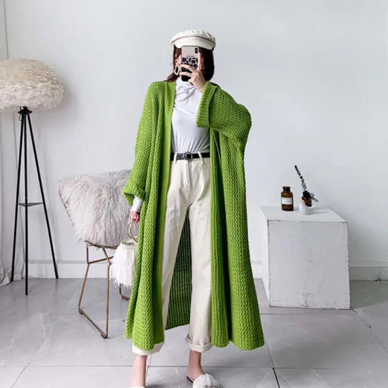FIGOHR Casual Thick Long Knitted Cardigan Woman Plus Size Loose Plain Sweater 2023 Autumn Winter Female Coat Streetwear Green One Size