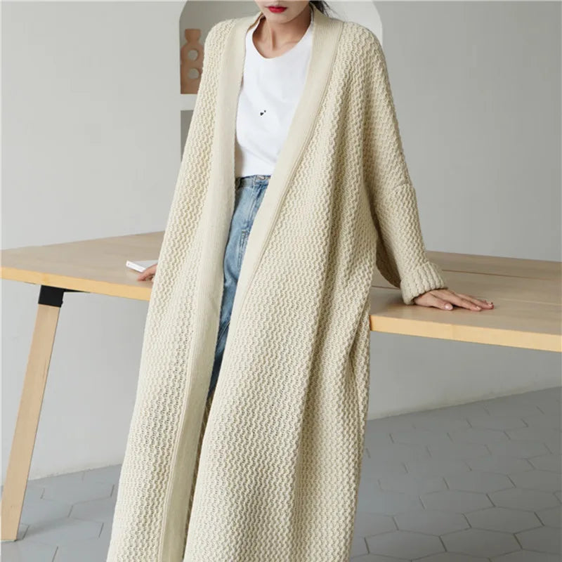 FIGOHR Casual Thick Long Knitted Cardigan Woman Plus Size Loose Plain Sweater 2023 Autumn Winter Female Coat Streetwear Beige One Size