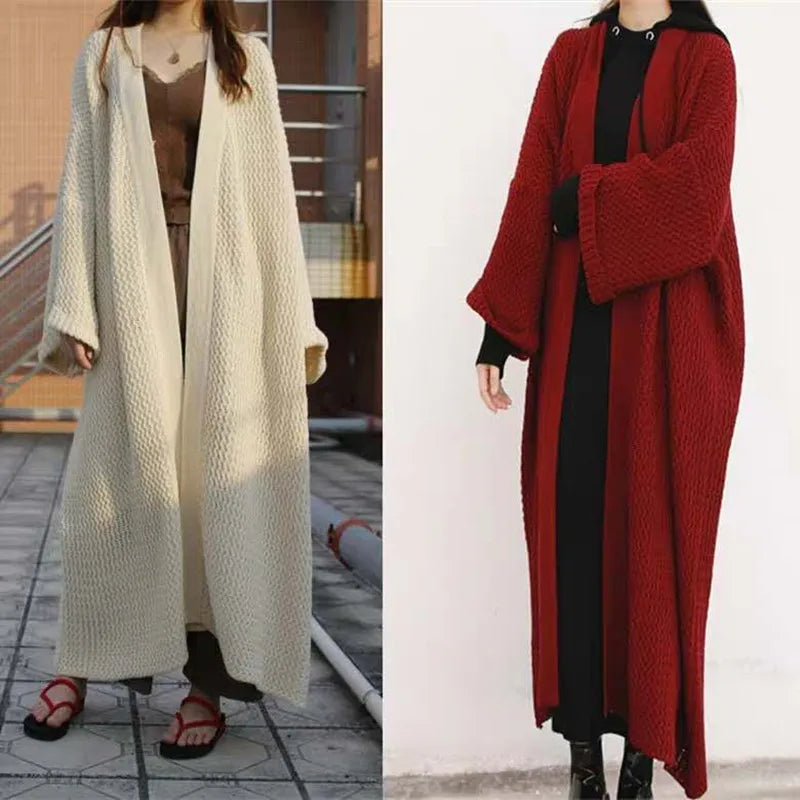 FIGOHR Casual Thick Long Knitted Cardigan Woman Plus Size Loose Plain Sweater 2023 Autumn Winter Female Coat Streetwear AMAIO