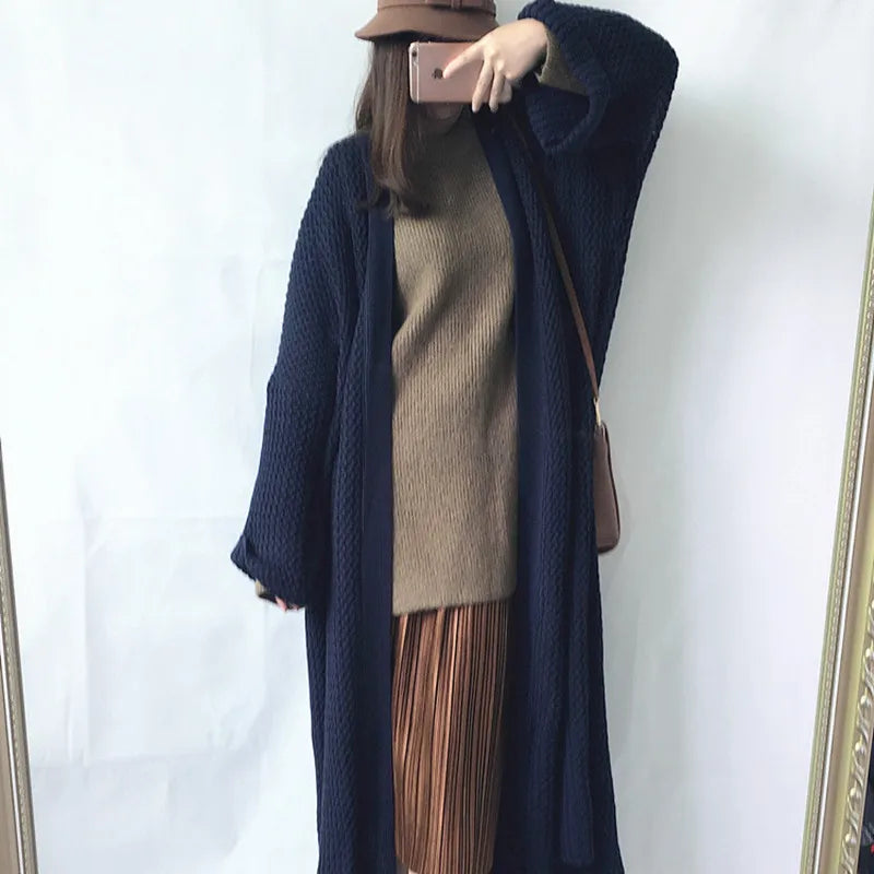 FIGOHR Casual Thick Long Knitted Cardigan Woman Plus Size Loose Plain Sweater 2023 Autumn Winter Female Coat Streetwear Navy One Size