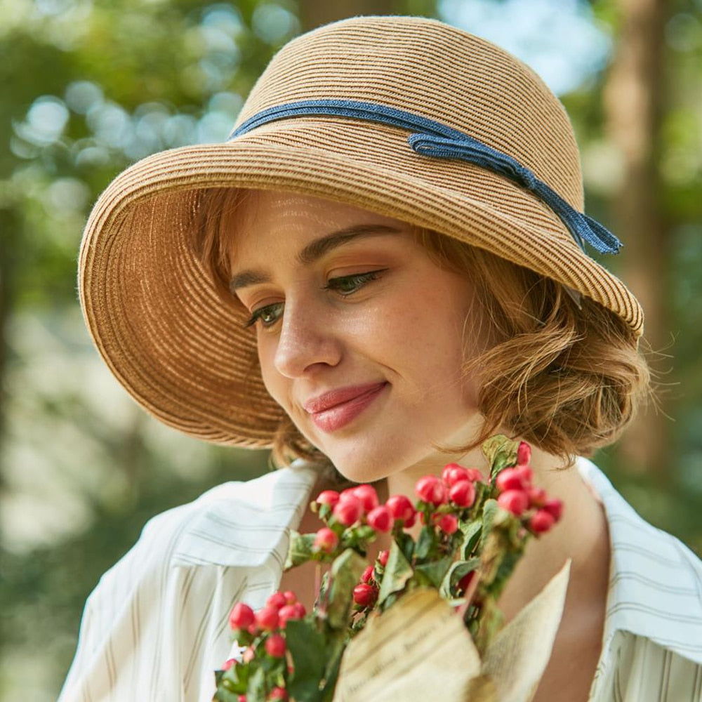 FS 2024 French Straw Bonnet Cap for Women Victorian Sun Hats Chin Strap Foldable Summer Accessories Bucket Hat Fedoras For Beach Khaki M(55-58CM)