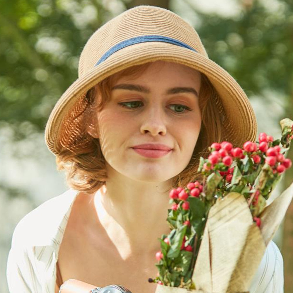 FS 2024 French Straw Bonnet Cap for Women Victorian Sun Hats Chin Strap Foldable Summer Accessories Bucket Hat Fedoras For Beach