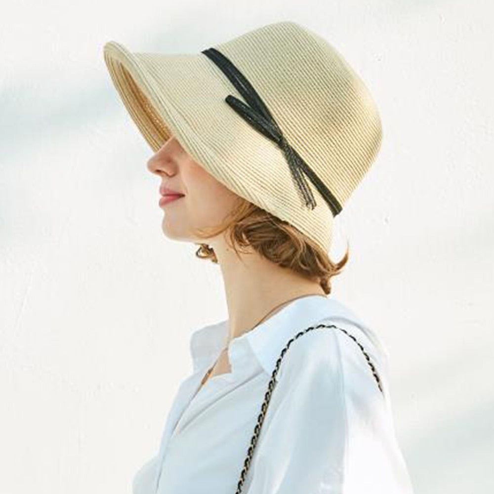 FS 2024 French Straw Bonnet Cap for Women Victorian Sun Hats Chin Strap Foldable Summer Accessories Bucket Hat Fedoras For Beach Beige M(55-58CM)