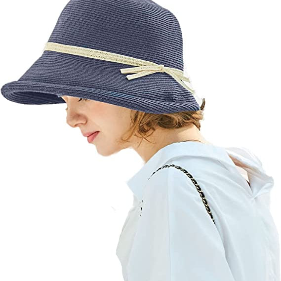 FS 2024 French Straw Bonnet Cap for Women Victorian Sun Hats Chin Strap Foldable Summer Accessories Bucket Hat Fedoras For Beach Navy Blue M(55-58CM)