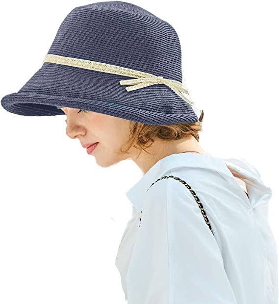 FS 2024 French Straw Bonnet Cap for Women Victorian Sun Hats Chin Strap Foldable Summer Accessories Bucket Hat Fedoras For Beach Navy Blue M(55-58CM)