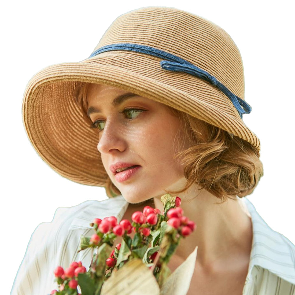 FS 2024 French Straw Bonnet Cap for Women Victorian Sun Hats Chin Strap Foldable Summer Accessories Bucket Hat Fedoras For Beach