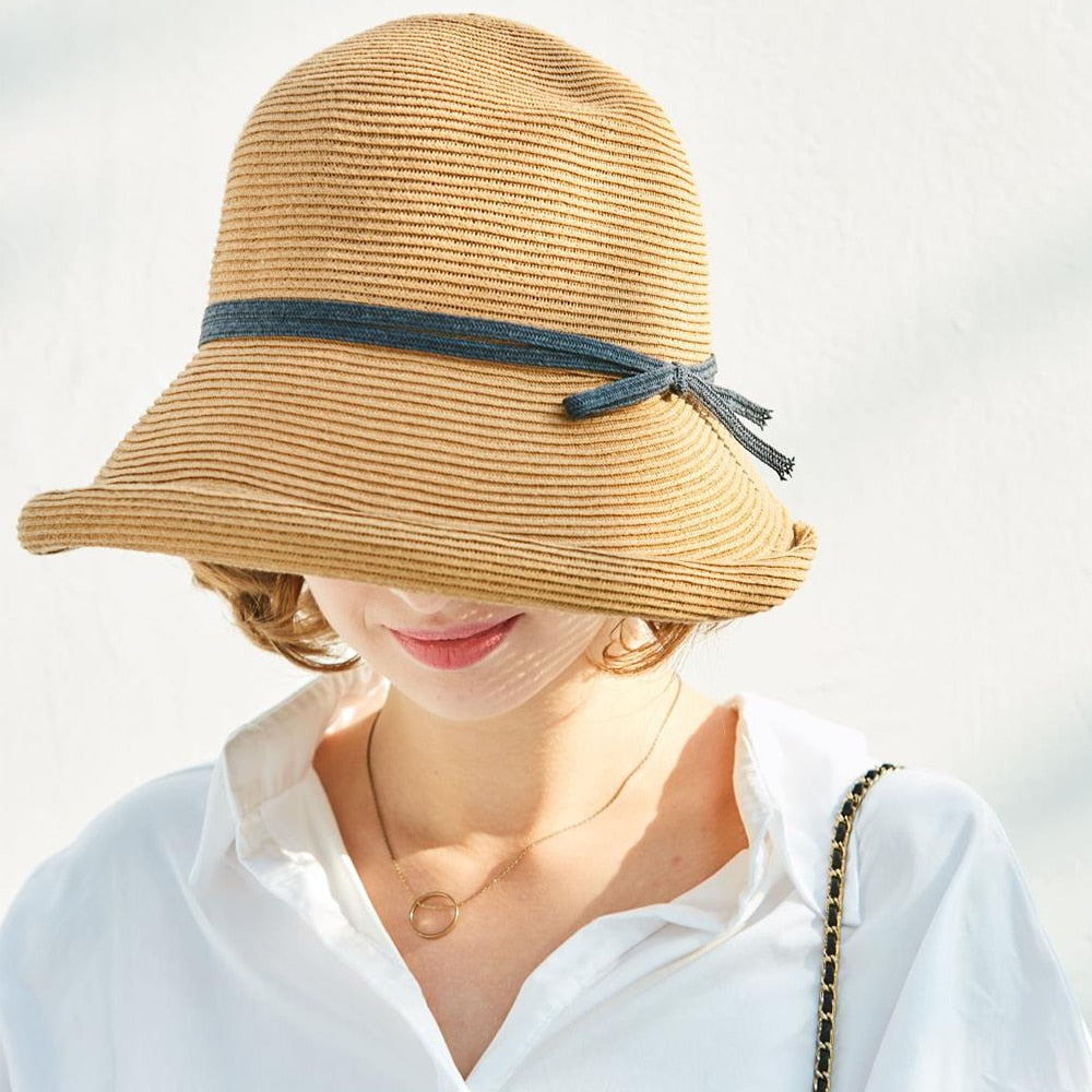 FS 2024 French Straw Bonnet Cap for Women Victorian Sun Hats Chin Strap Foldable Summer Accessories Bucket Hat Fedoras For Beach