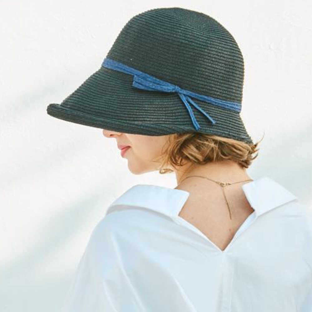 FS 2024 French Straw Bonnet Cap for Women Victorian Sun Hats Chin Strap Foldable Summer Accessories Bucket Hat Fedoras For Beach Black M(55-58CM)