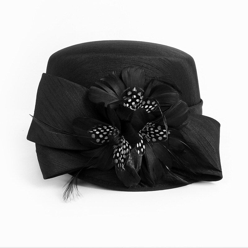 FS 2024 Luxury Woman Sun Hat Wedding Ceremony Fashion Elegant Millinery Tea Party Bowler Cap Flower Feather Bucket Hats Female Black 53 to 57cm