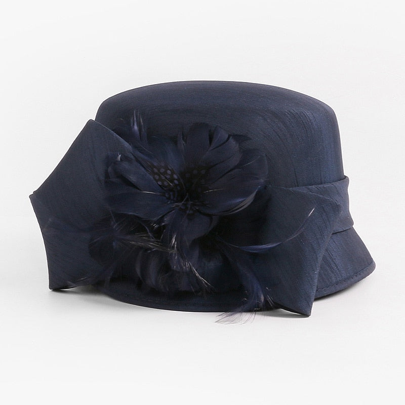 FS 2024 Luxury Woman Sun Hat Wedding Ceremony Fashion Elegant Millinery Tea Party Bowler Cap Flower Feather Bucket Hats Female Royalblue 53 to 57cm