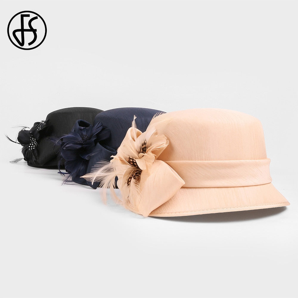 FS 2024 Luxury Woman Sun Hat Wedding Ceremony Fashion Elegant Millinery Tea Party Bowler Cap Flower Feather Bucket Hats Female