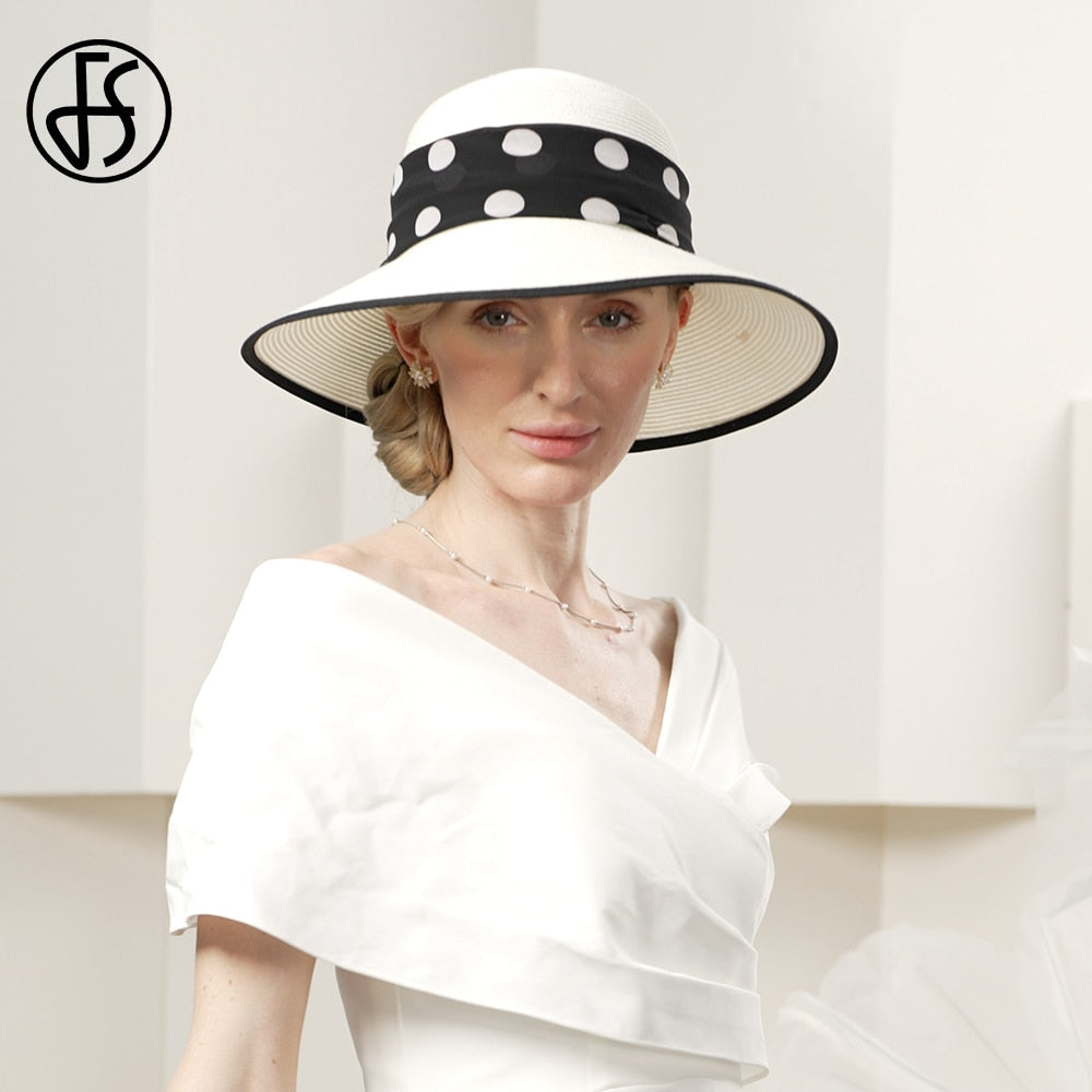FS 2024 White Straw Hats For Women Romantic Simple Polka Dots Sun Visor Cap Ladies Wedding Church Formal Dress Fedoras Summer