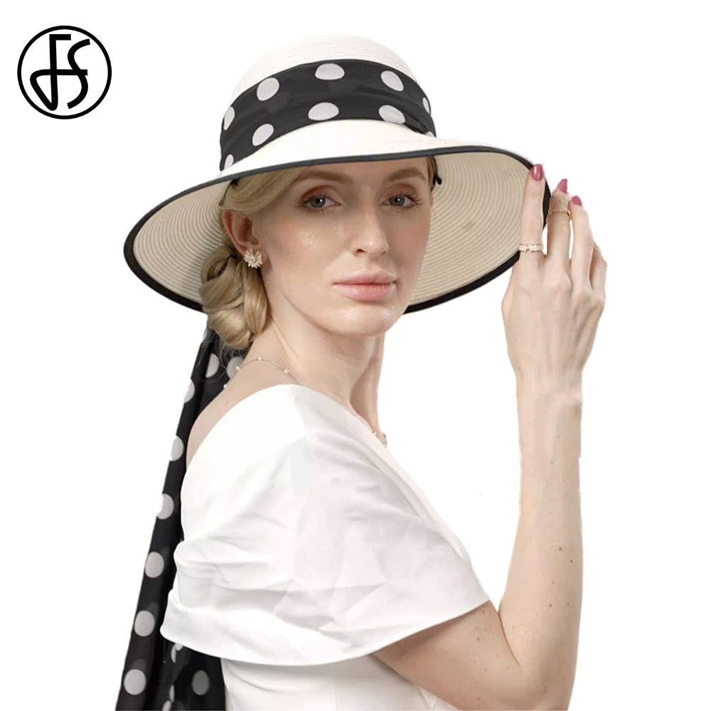 FS 2024 White Straw Hats For Women Romantic Simple Polka Dots Sun Visor Cap Ladies Wedding Church Formal Dress Fedoras Summer