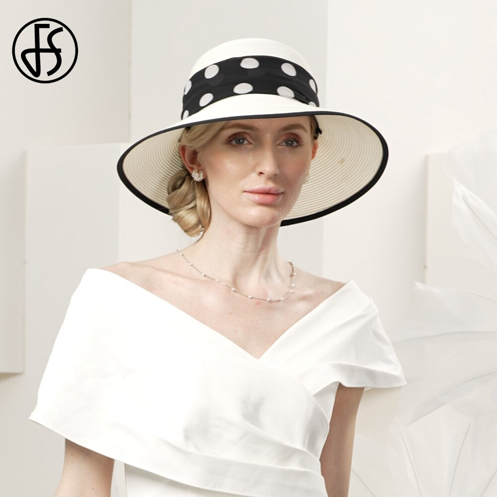 FS 2024 White Straw Hats For Women Romantic Simple Polka Dots Sun Visor Cap Ladies Wedding Church Formal Dress Fedoras Summer