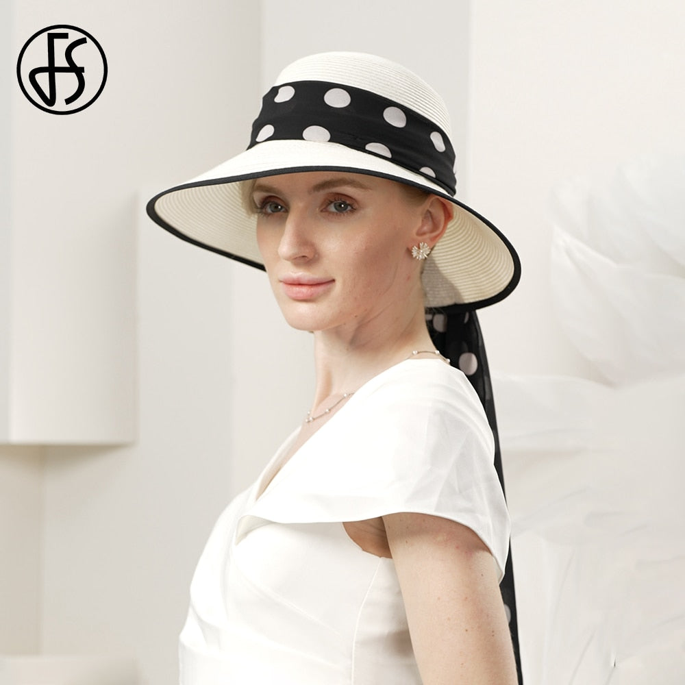 FS 2024 White Straw Hats For Women Romantic Simple Polka Dots Sun Visor Cap Ladies Wedding Church Formal Dress Fedoras Summer