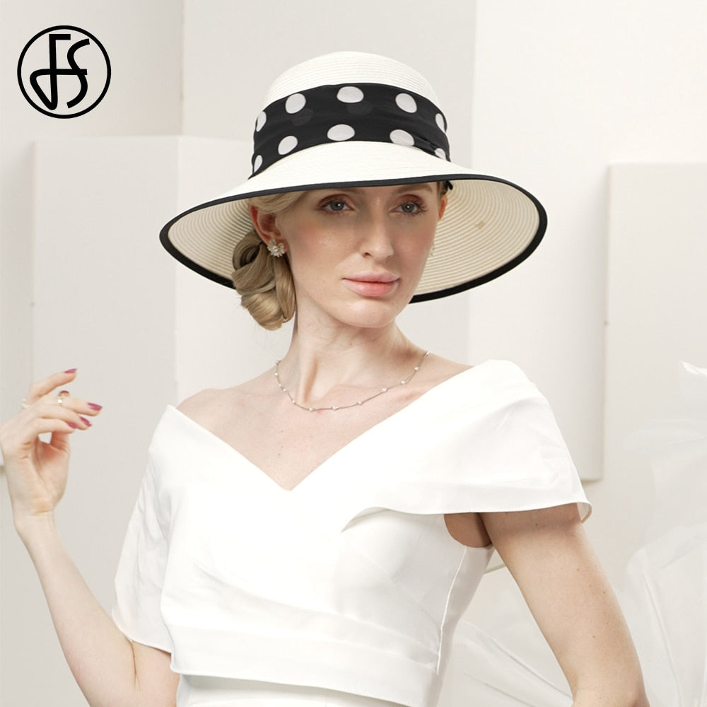 FS 2024 White Straw Hats For Women Romantic Simple Polka Dots Sun Visor Cap Ladies Wedding Church Formal Dress Fedoras Summer