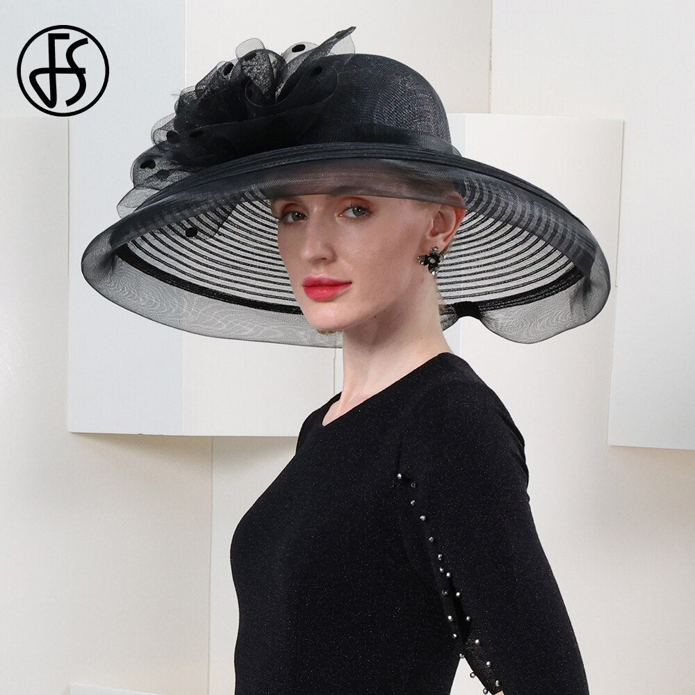 FS Big Brim Sinamay Fedora Elegant Ladies Kentucky Derby Hats For Women Sun Millinery Flower Wedding Church British Top Cap 2024