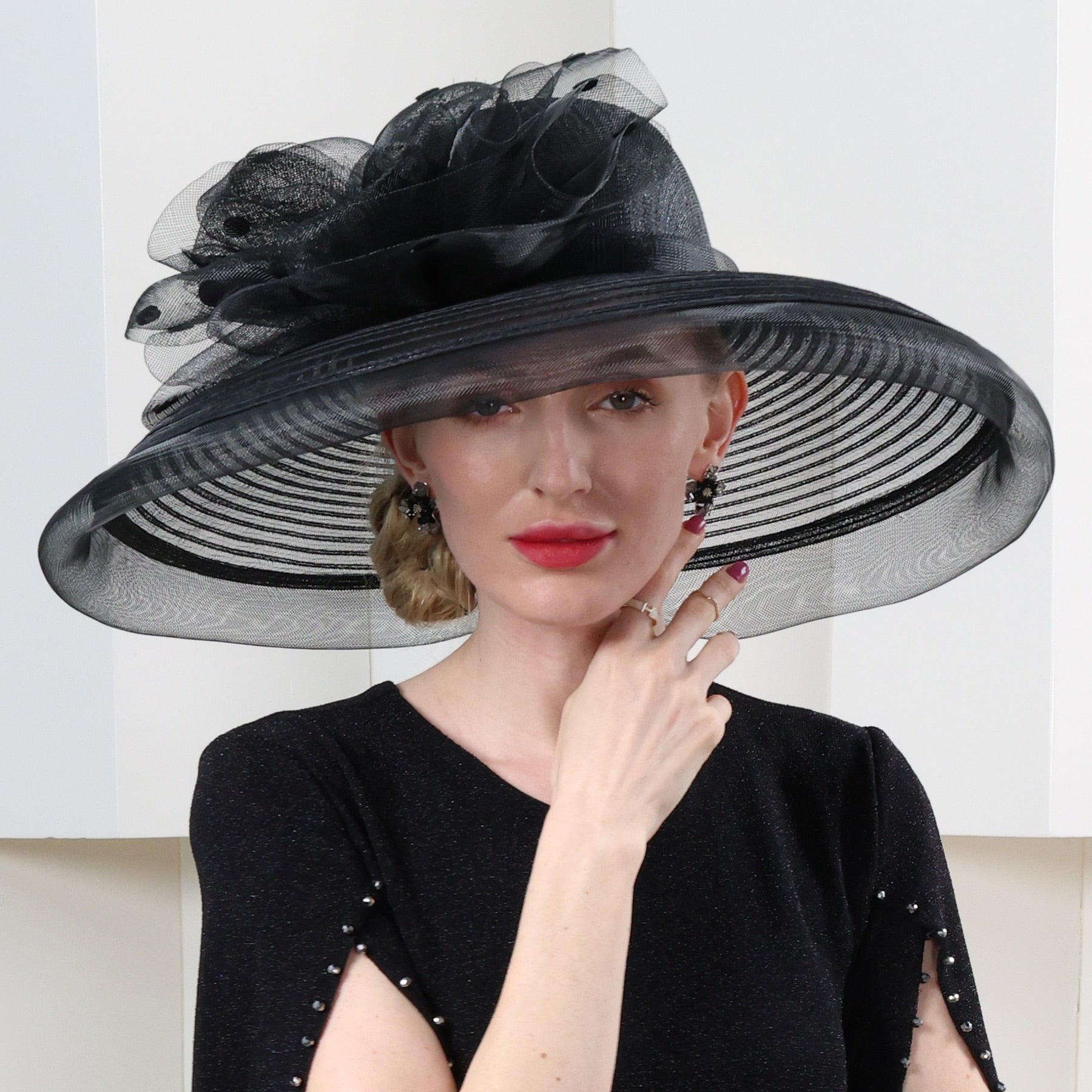 FS Big Brim Sinamay Fedora Elegant Ladies Kentucky Derby Hats For Women Sun Millinery Flower Wedding Church British Top Cap 2024 Black 53 to 57cm