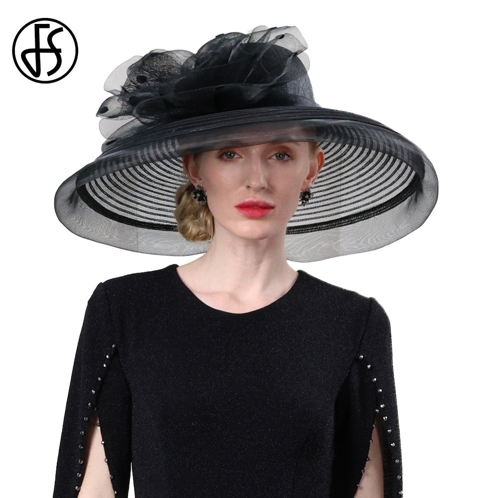 FS Big Brim Sinamay Fedora Elegant Ladies Kentucky Derby Hats For Women Sun Millinery Flower Wedding Church British Top Cap 2024