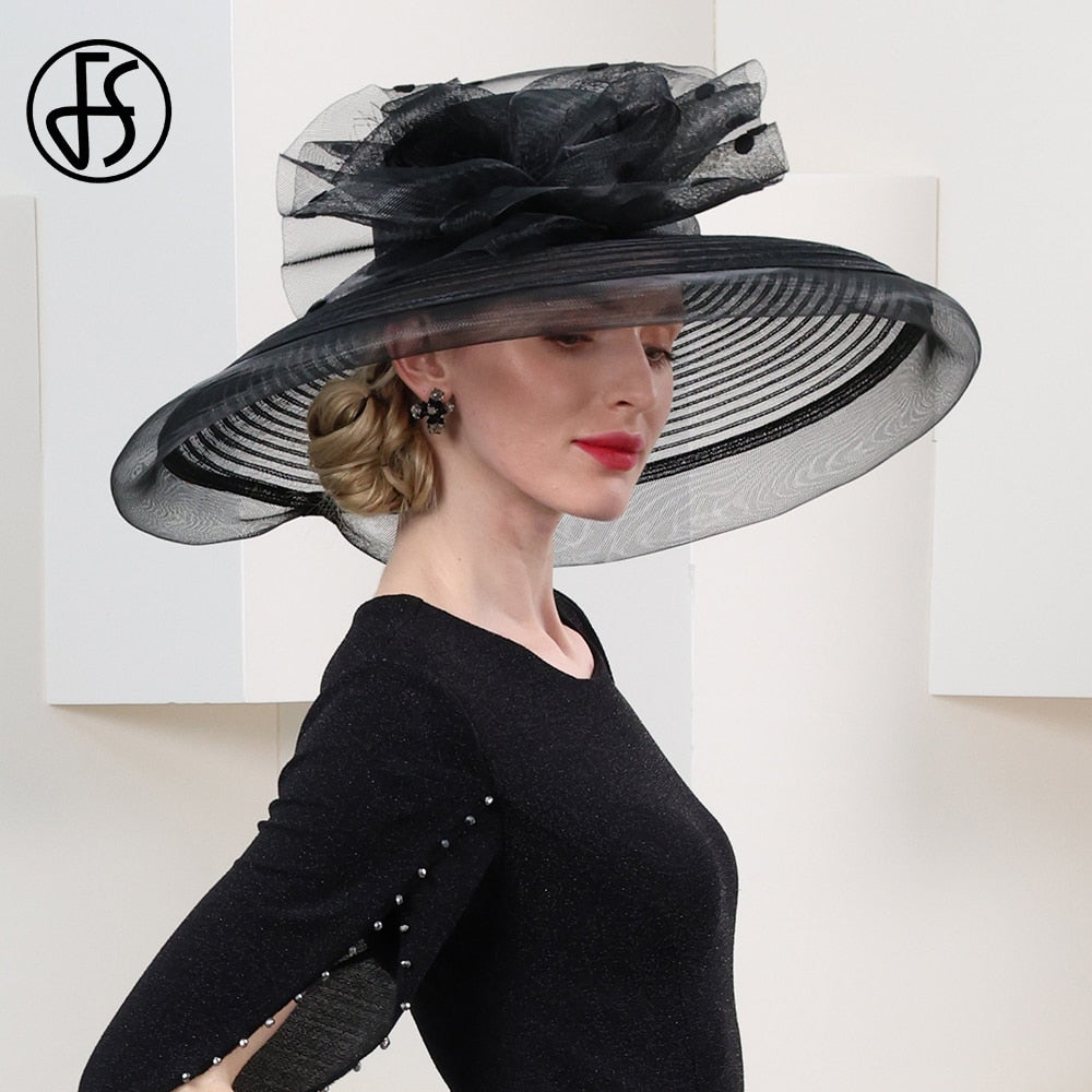 FS Big Brim Sinamay Fedora Elegant Ladies Kentucky Derby Hats For Women Sun Millinery Flower Wedding Church British Top Cap 2024