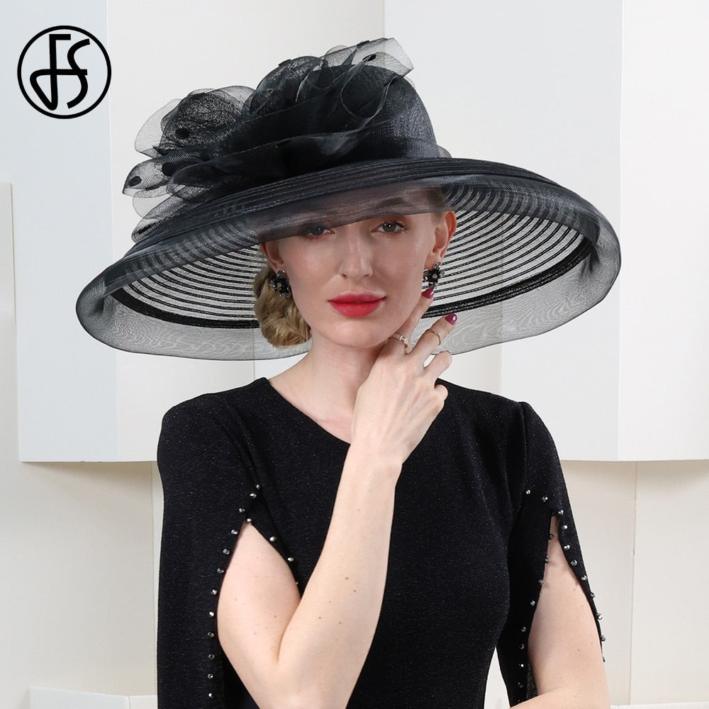 FS Big Brim Sinamay Fedora Elegant Ladies Kentucky Derby Hats For Women Sun Millinery Flower Wedding Church British Top Cap 2024