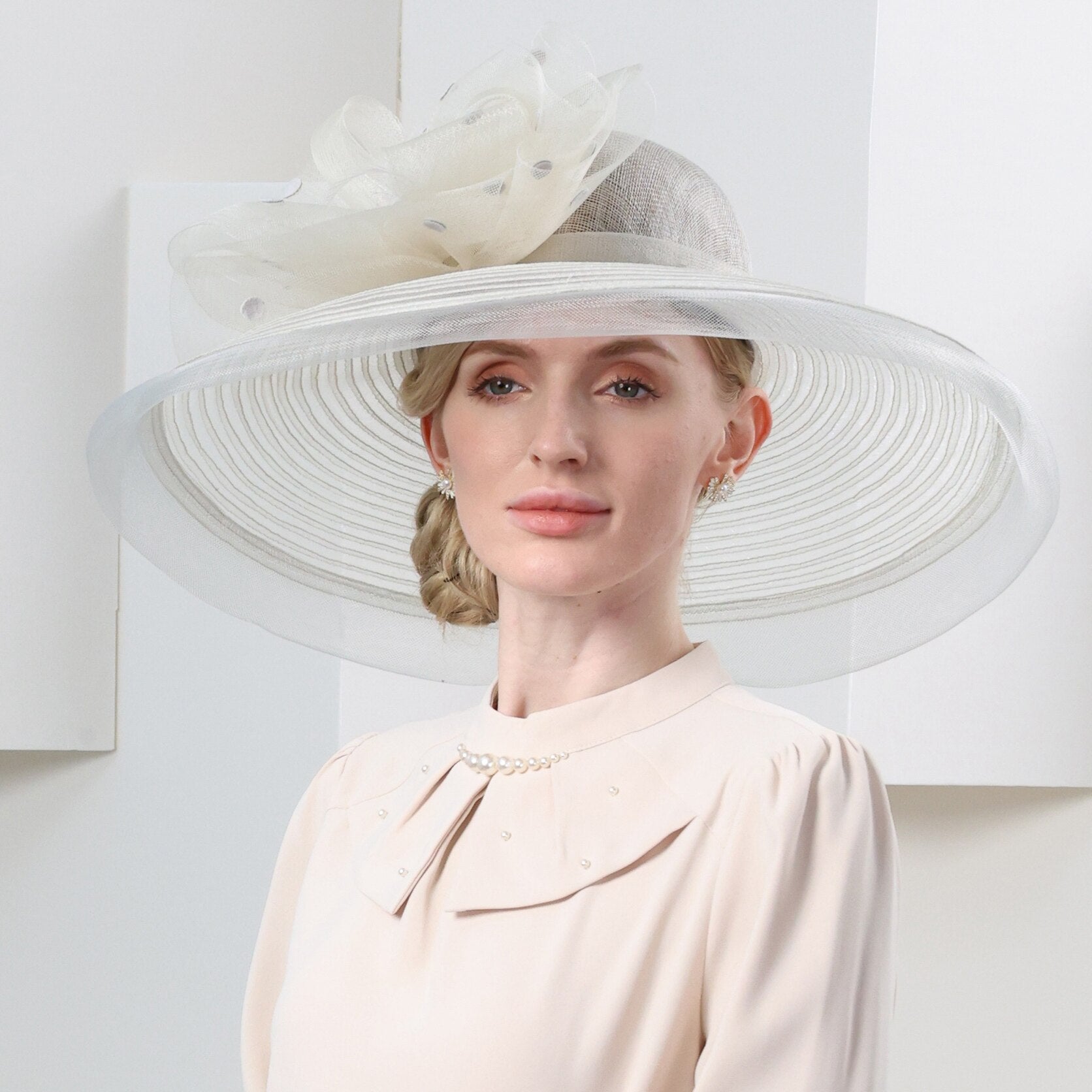 FS Big Brim Sinamay Fedora Elegant Ladies Kentucky Derby Hats For Women Sun Millinery Flower Wedding Church British Top Cap 2024 Gray 53 to 57cm