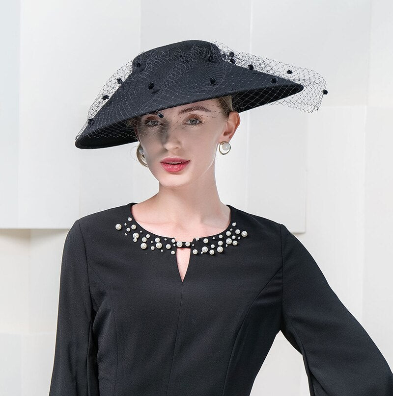 FS Elegant Church Kentucky Cap Ladies Luxury Wide Brim Black Wool Hats Fascinators For Women Cocktail Party Dress Fedoras 2024 Default Title