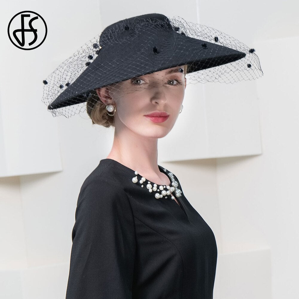 FS Elegant Church Kentucky Cap Ladies Luxury Wide Brim Black Wool Hats Fascinators For Women Cocktail Party Dress Fedoras 2024