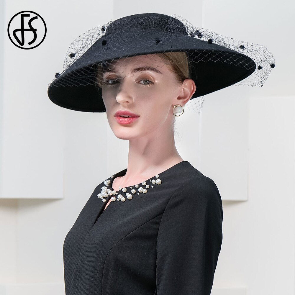 FS Elegant Church Kentucky Cap Ladies Luxury Wide Brim Black Wool Hats Fascinators For Women Cocktail Party Dress Fedoras 2024