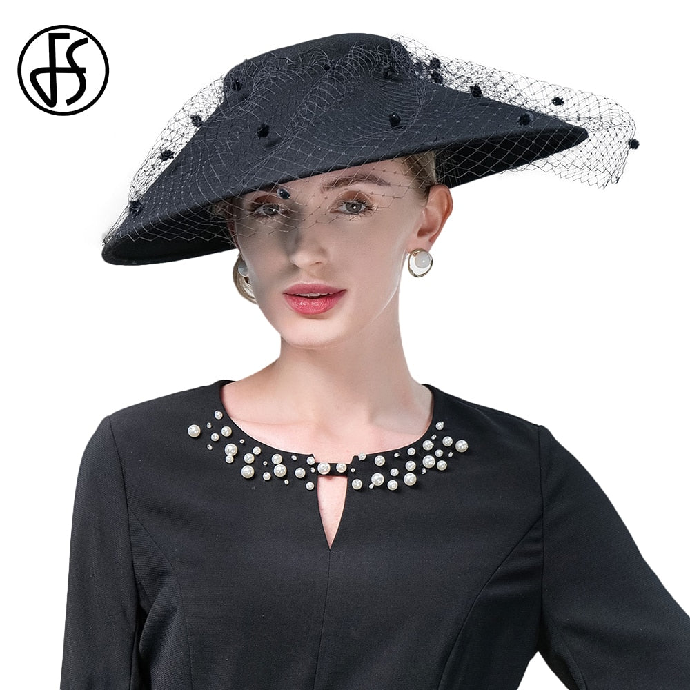 FS Elegant Church Kentucky Cap Ladies Luxury Wide Brim Black Wool Hats Fascinators For Women Cocktail Party Dress Fedoras 2024 AMAIO