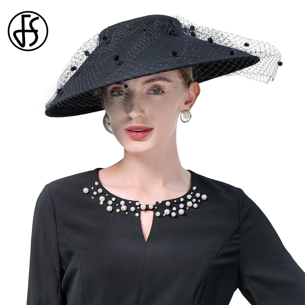 FS Elegant Church Kentucky Cap Ladies Luxury Wide Brim Black Wool Hats Fascinators For Women Cocktail Party Dress Fedoras 2024