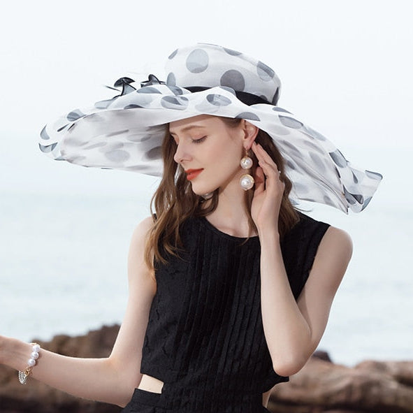 FS Oversized Brim Dot Organza Top Hats For Women Beach Visor Sun Sombreros Flowers Fedora Lady Wavy Edge UV Protection Derby Cap White Dot 53 to 57cm