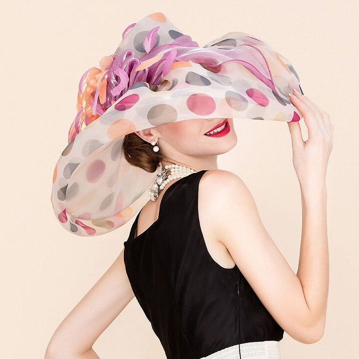 FS Oversized Brim Dot Organza Top Hats For Women Beach Visor Sun Sombreros Flowers Fedora Lady Wavy Edge UV Protection Derby Cap Pink Dot 53 to 57cm