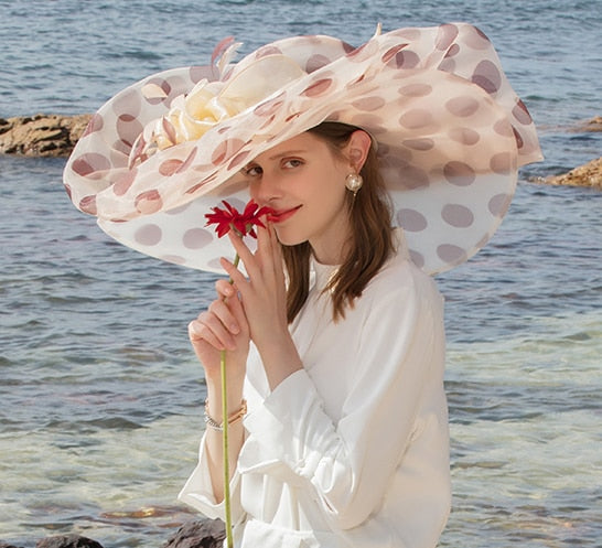 FS Oversized Brim Dot Organza Top Hats For Women Beach Visor Sun Sombreros Flowers Fedora Lady Wavy Edge UV Protection Derby Cap Champagne Dot 53 to 57cm