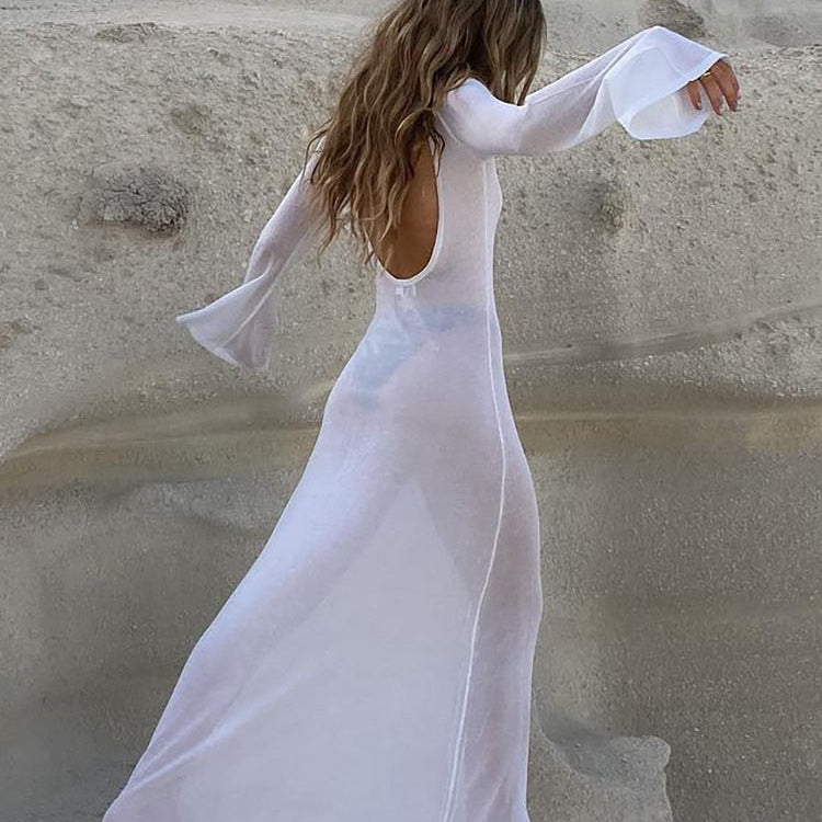 Maxi Long Sleeve Women Dress Backless Club See Through Mesh 2022 Summer Sexy Party Beach Dresses Bodycon Casual