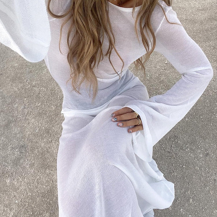 Maxi Long Sleeve Women Dress Backless Club See Through Mesh 2022 Summer Sexy Party Beach Dresses Bodycon Casual White