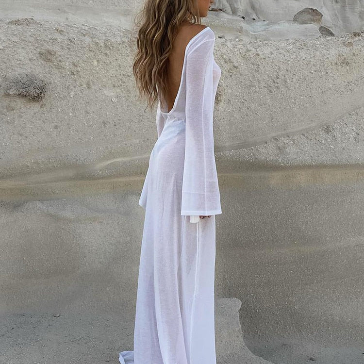 Maxi Long Sleeve Women Dress Backless Club See Through Mesh 2022 Summer Sexy Party Beach Dresses Bodycon Casual