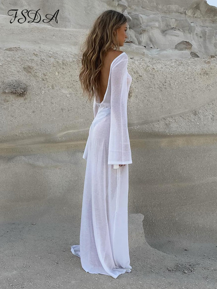 Maxi Long Sleeve Women Dress Backless Club See Through Mesh 2022 Summer Sexy Party Beach Dresses Bodycon Casual