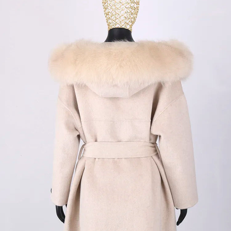 FURYOUME New Cashmere Wool Coat Real Fox Fur Collar Jacket Winter Long Fashion Loose Outerwear Wool Casaco For Women With Belt