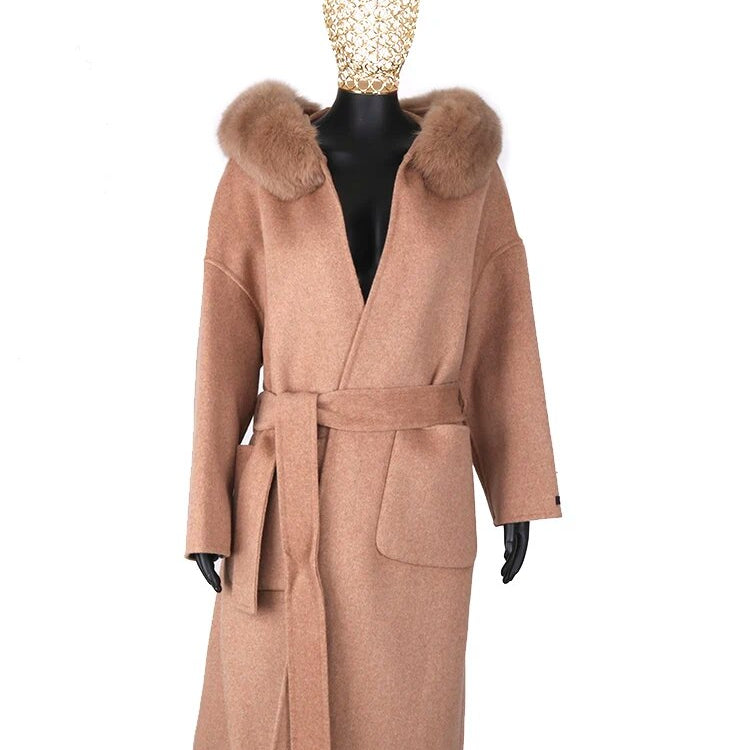 FURYOUME New Cashmere Wool Coat Real Fox Fur Collar Jacket Winter Long Fashion Loose Outerwear Wool Casaco For Women With Belt Long khaki