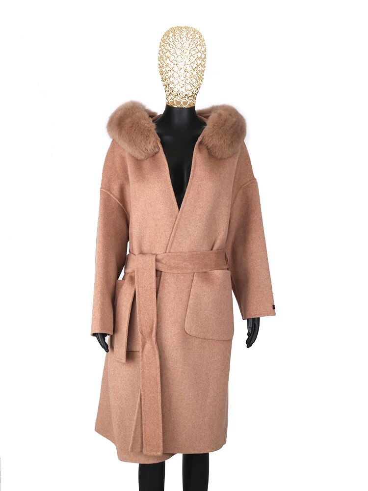 FURYOUME New Cashmere Wool Coat Real Fox Fur Collar Jacket Winter Long Fashion Loose Outerwear Wool Casaco For Women With Belt Long khaki
