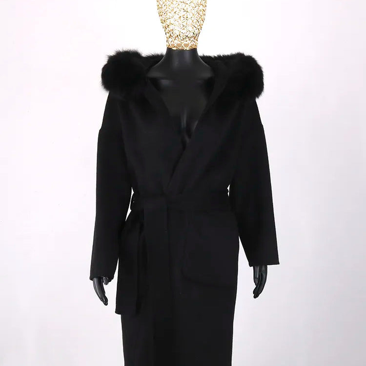 FURYOUME New Cashmere Wool Coat Real Fox Fur Collar Jacket Winter Long Fashion Loose Outerwear Wool Casaco For Women With Belt long black