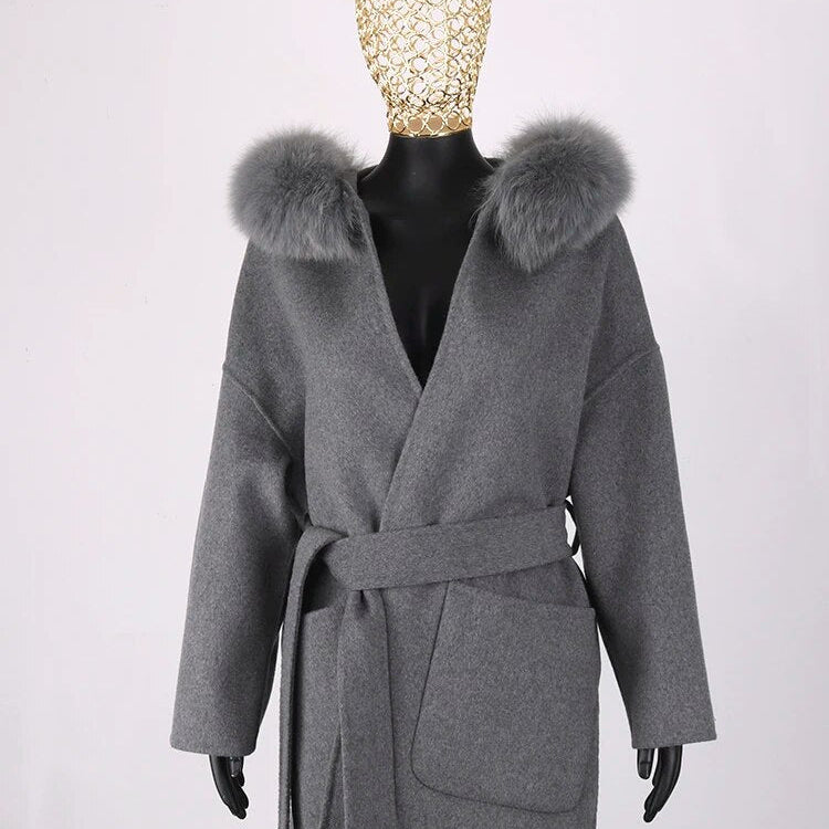 FURYOUME New Cashmere Wool Coat Real Fox Fur Collar Jacket Winter Long Fashion Loose Outerwear Wool Casaco For Women With Belt short gray