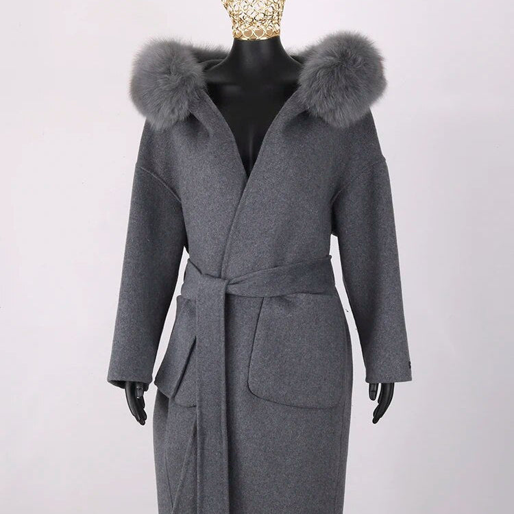 FURYOUME New Cashmere Wool Coat Real Fox Fur Collar Jacket Winter Long Fashion Loose Outerwear Wool Casaco For Women With Belt long gray