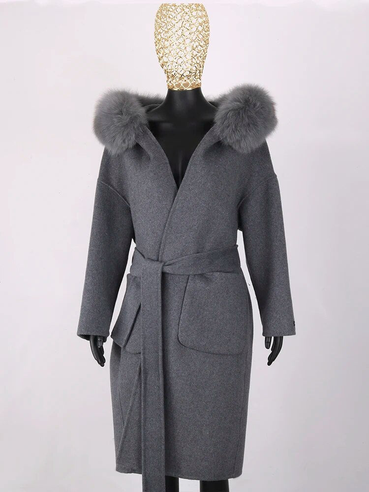 FURYOUME New Cashmere Wool Coat Real Fox Fur Collar Jacket Winter Long Fashion Loose Outerwear Wool Casaco For Women With Belt long gray