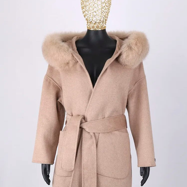 FURYOUME New Cashmere Wool Coat Real Fox Fur Collar Jacket Winter Long Fashion Loose Outerwear Wool Casaco For Women With Belt short khaki