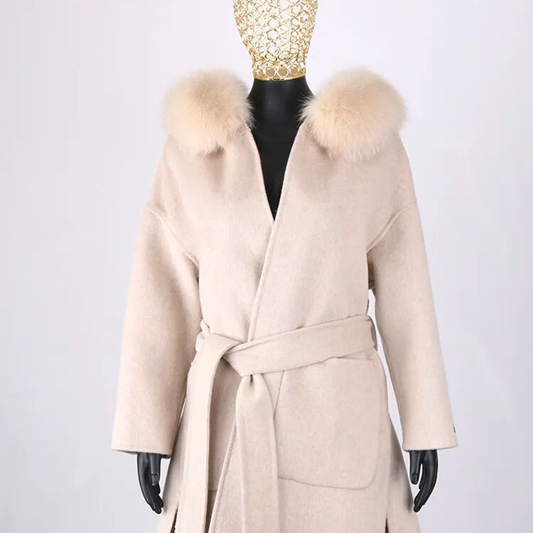 FURYOUME New Cashmere Wool Coat Real Fox Fur Collar Jacket Winter Long Fashion Loose Outerwear Wool Casaco For Women With Belt short beige